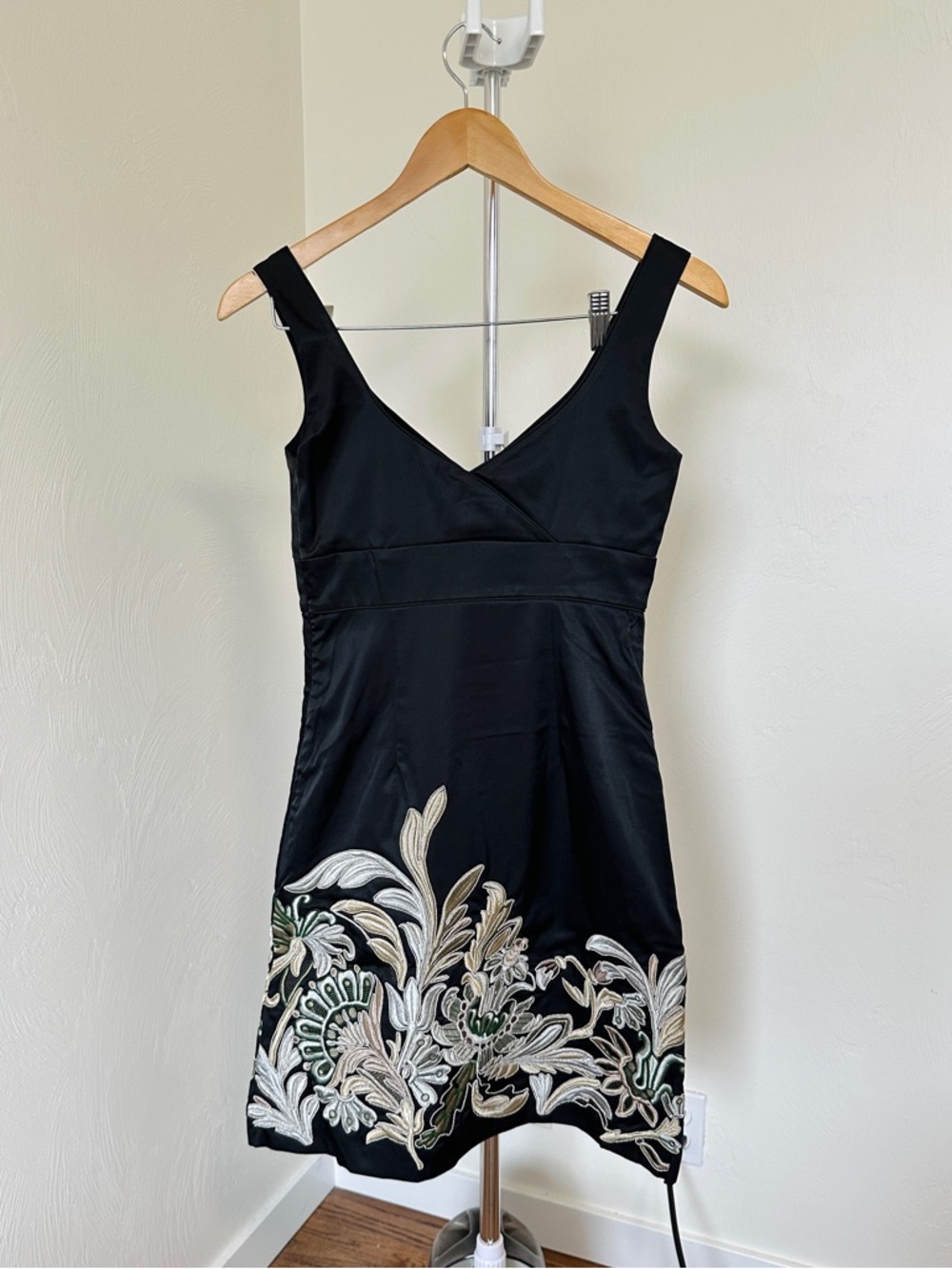 Black V-Neck Embroidered Hem Dress